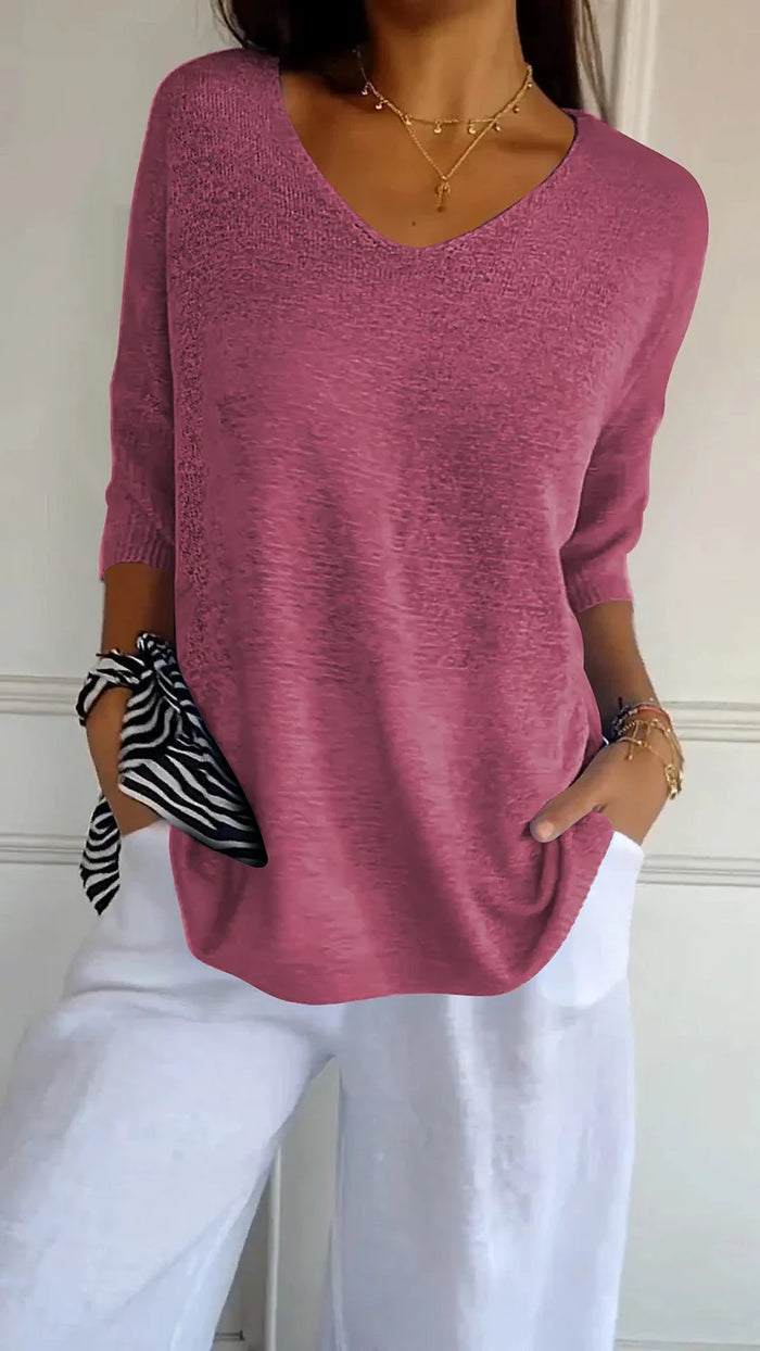 Kimberly | Women's Loose Fit 3/4 Sleeves V Neck Knit Top