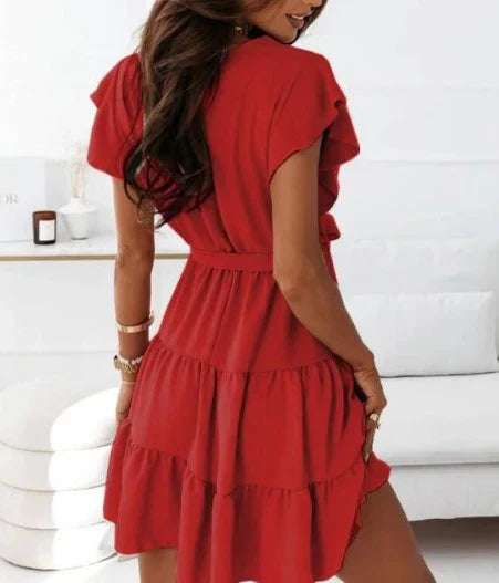 Vanna | Women's V Neck Wrap Mini Dress with Self Tie Belt