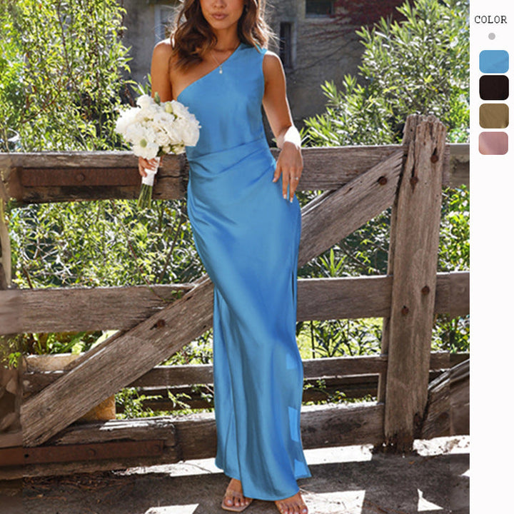 Sabrina | Women's One Shoulder Satin Dress with Slit