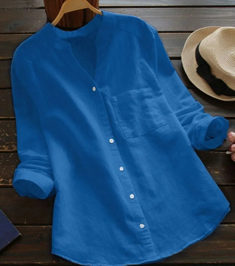 Flynn | Women's Long Sleeve Linen Shirt with V-neck and Buttons