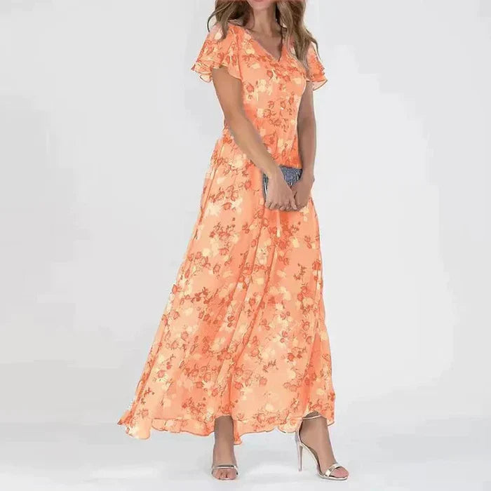 Savannah | Women's Floral Maxi Dress with V-neck and Short Sleeves