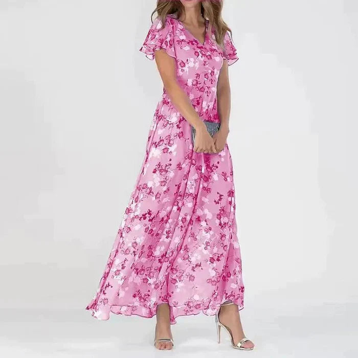 Savannah | Women's Floral Maxi Dress with V-neck and Short Sleeves