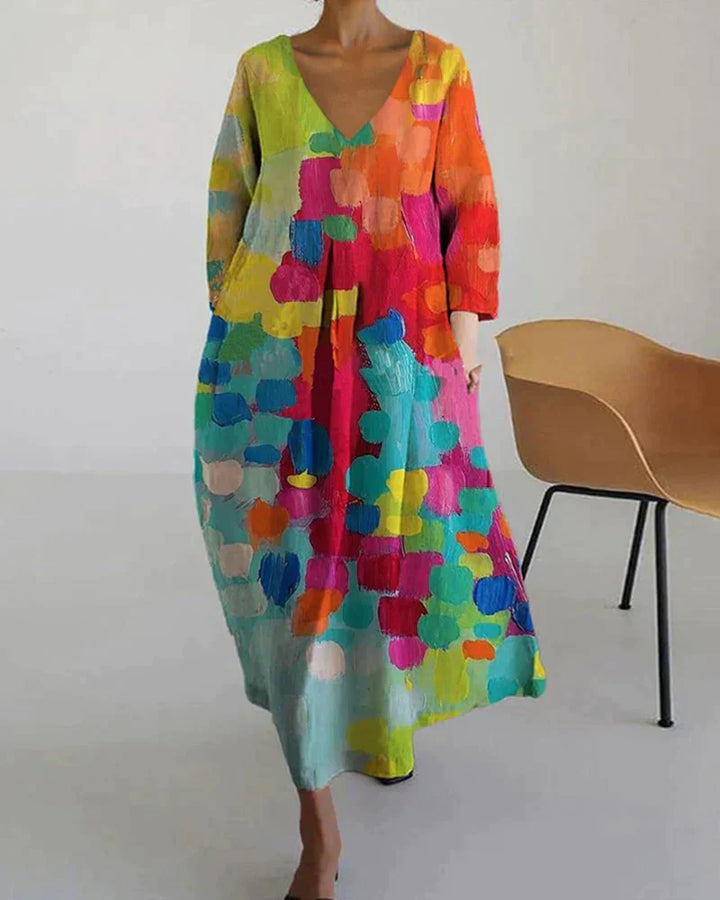 Maribel | Women's Multicolor and Printed Midi Dress with V Neck