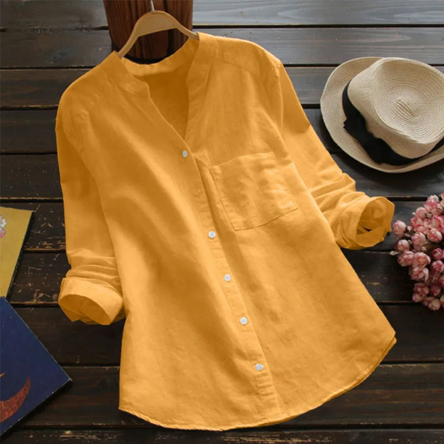 Flynn | Women's Long Sleeve Linen Shirt with V-neck and Buttons