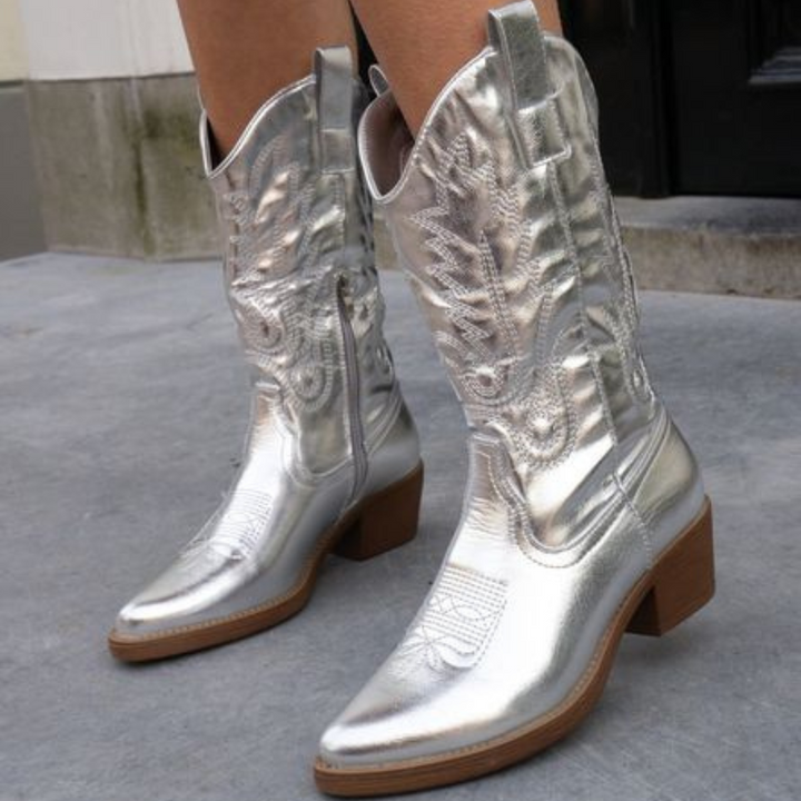 Marisca | Women's Metallic Western Knee High Boots with Zipper