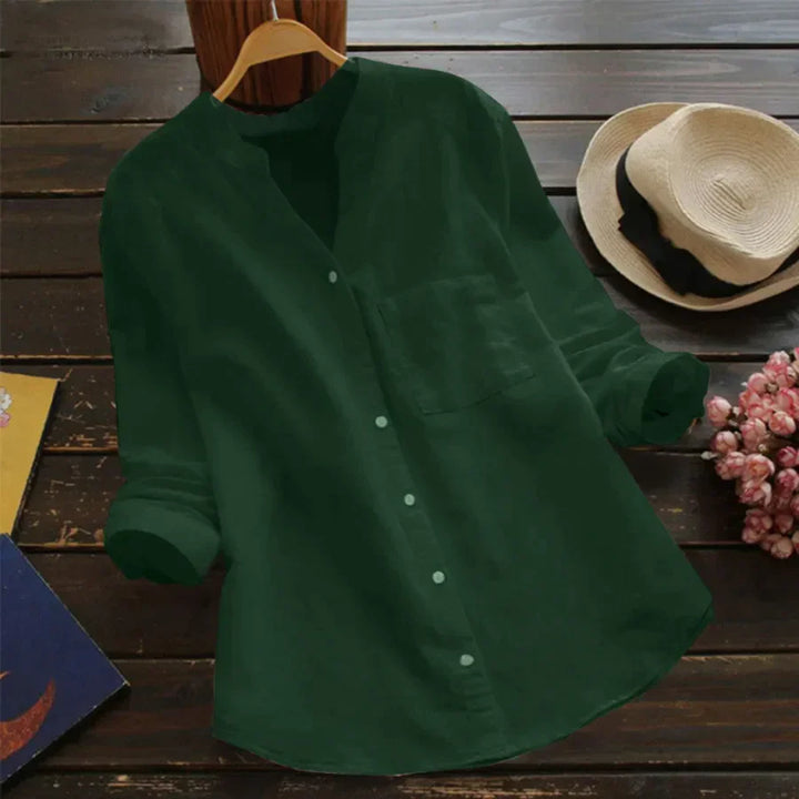 Flynn | Women's Long Sleeve Linen Shirt with V-neck and Buttons