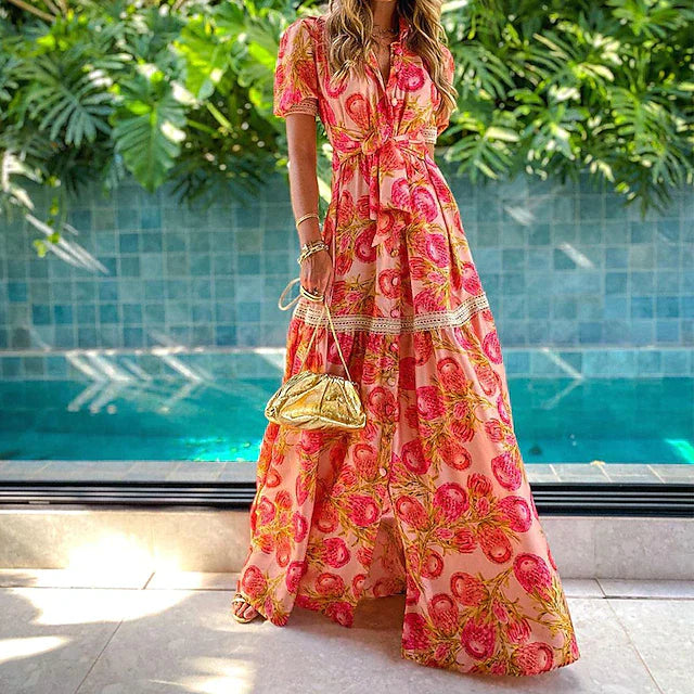 Miranda | Women's Floral Maxi Dress with Tie Belt and Short Sleeve