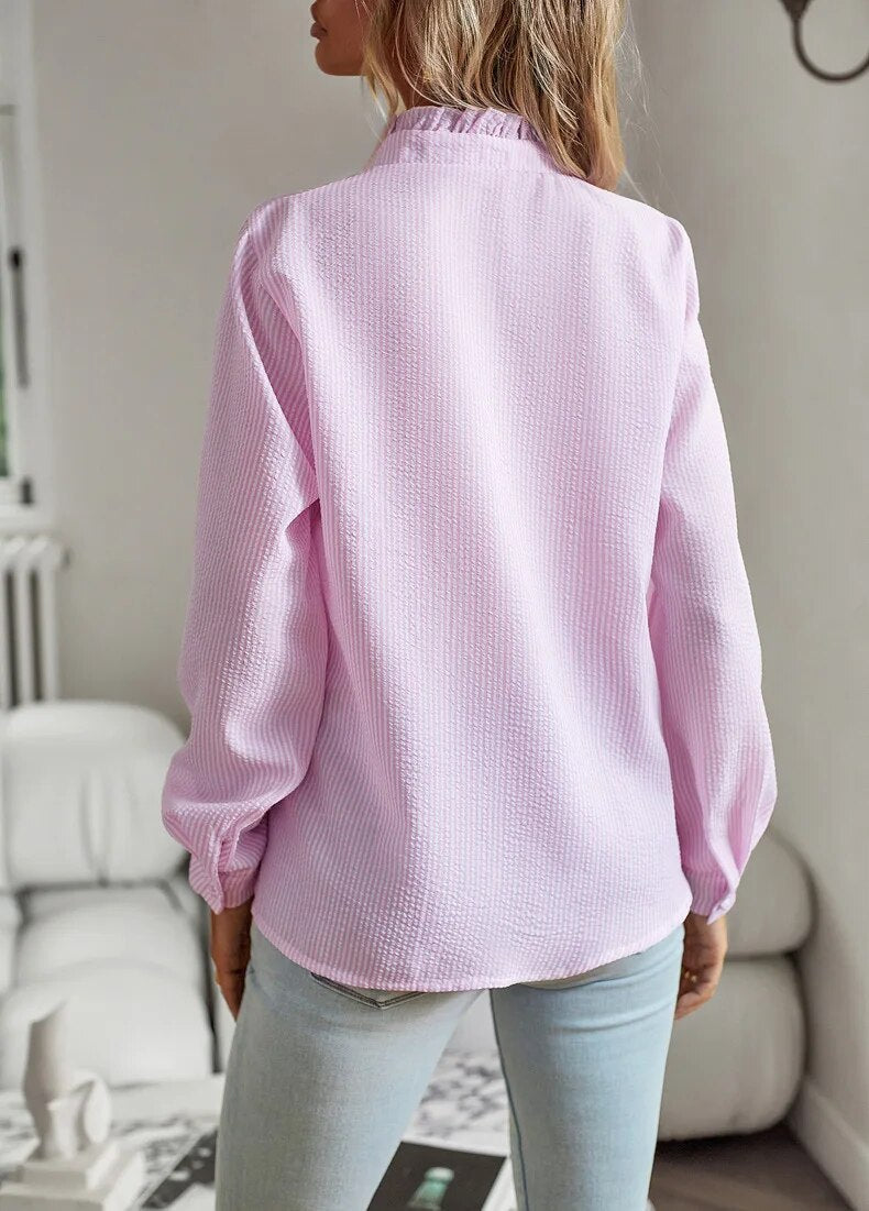 Charlotte | Women's V-Neck Ruffle Trim Striped Blouse