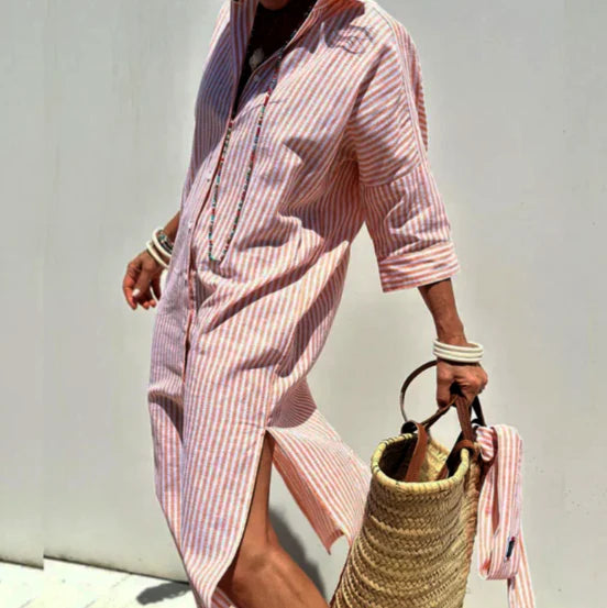 Solene | Women's Striped Long Sleeve Shirt Dress with Buttons