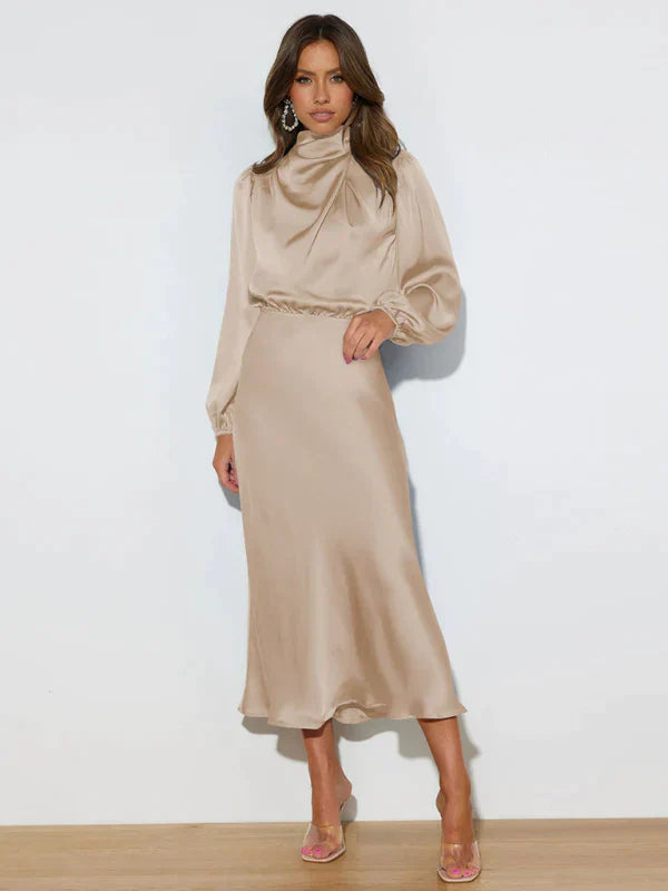 Valerie |  Women's Satin Turtleneck Midi Dress with Lantern Sleeves