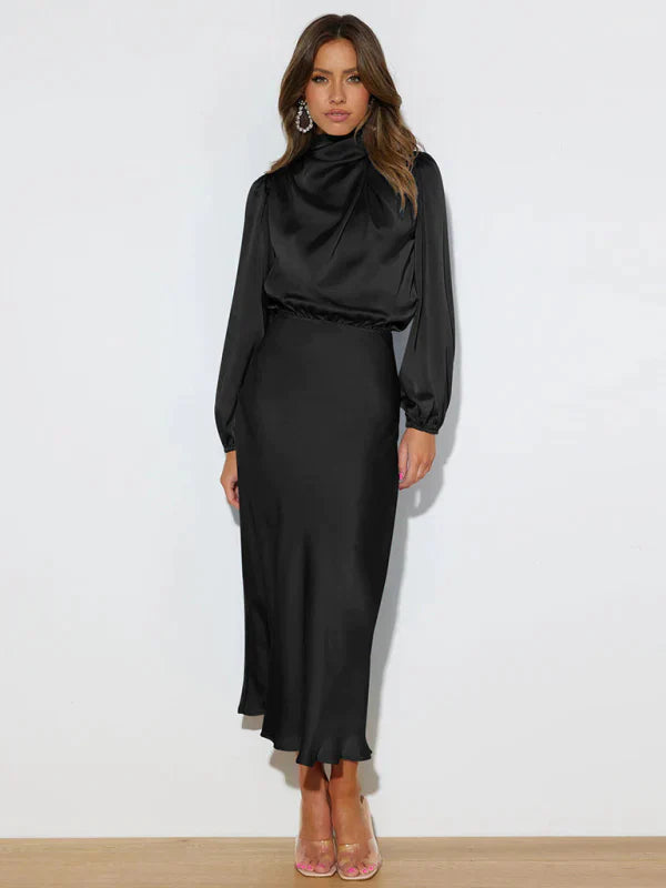 Valerie |  Women's Satin Turtleneck Midi Dress with Lantern Sleeves