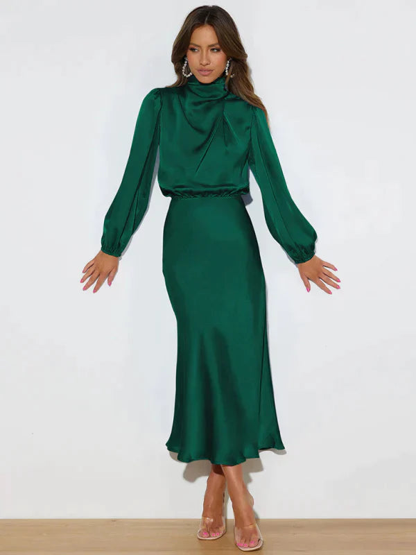 Valerie |  Women's Satin Turtleneck Midi Dress with Lantern Sleeves