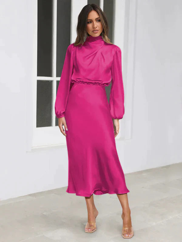 Valerie |  Women's Satin Turtleneck Midi Dress with Lantern Sleeves