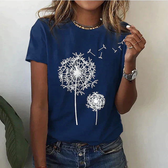 Maya | Women's Crew Neck Short Sleeve T-Shirt with Dandelion Print