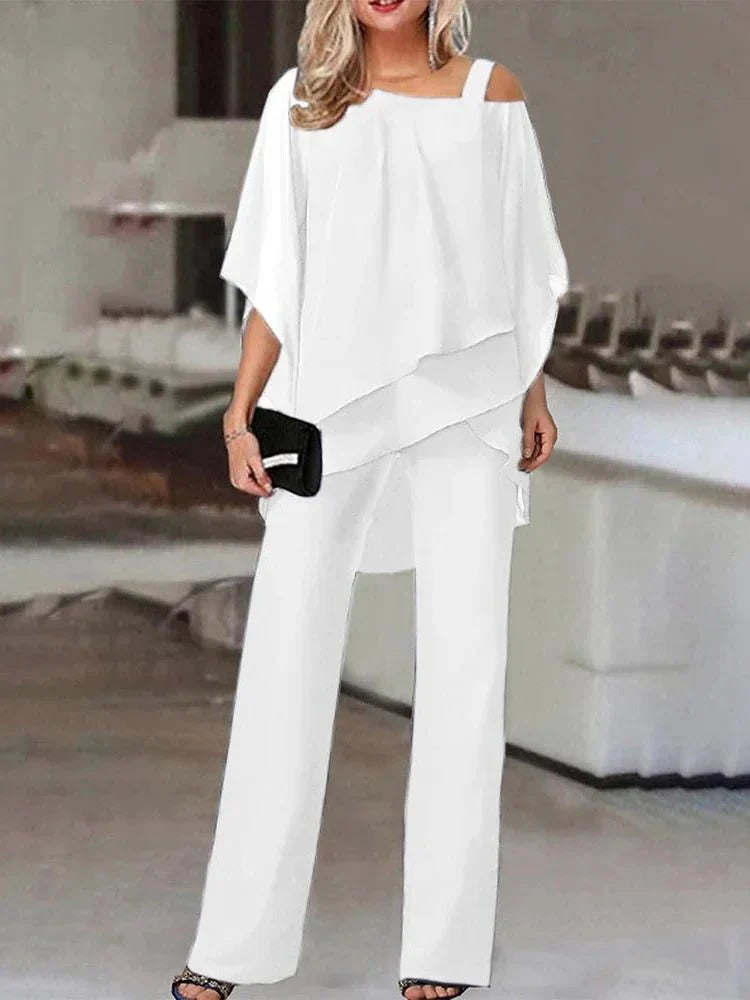 Iris | Women's Off Shoulder Chiffon Two Piece Set with Wide Leg Pants