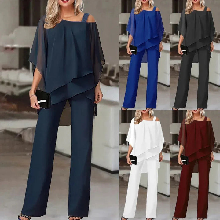 Iris | Women's Off Shoulder Chiffon Two Piece Set with Wide Leg Pants