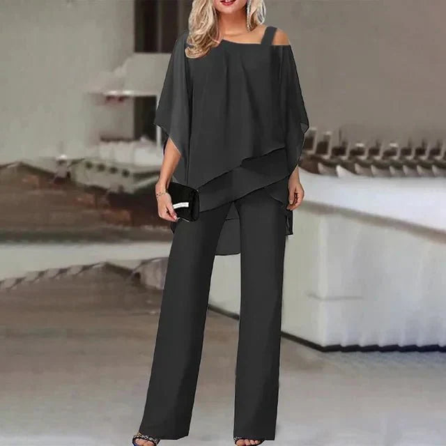Iris | Women's Off Shoulder Chiffon Two Piece Set with Wide Leg Pants
