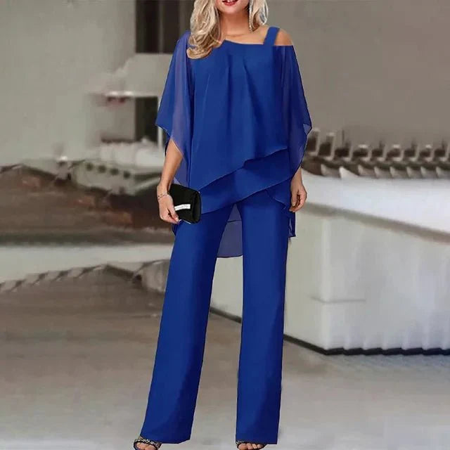 Iris | Women's Off Shoulder Chiffon Two Piece Set with Wide Leg Pants