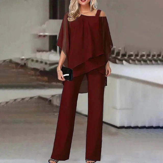 Iris | Women's Off Shoulder Chiffon Two Piece Set with Wide Leg Pants