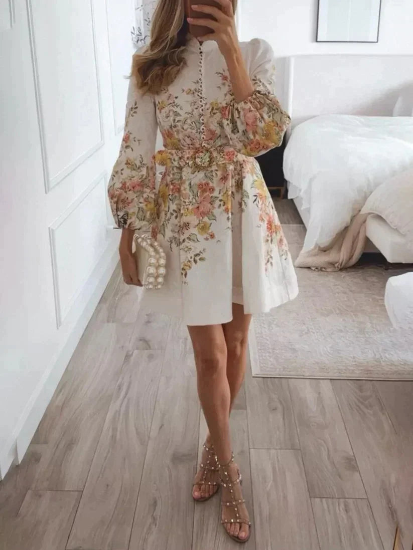Liora | Women's Floral Long Puff Sleeves Mini Dress with Belt and Buttons