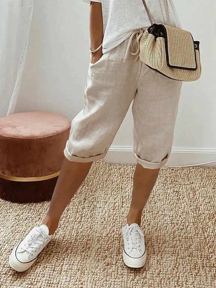 Norielle | Women's Linen Folded Hem Shorts with Drawstring