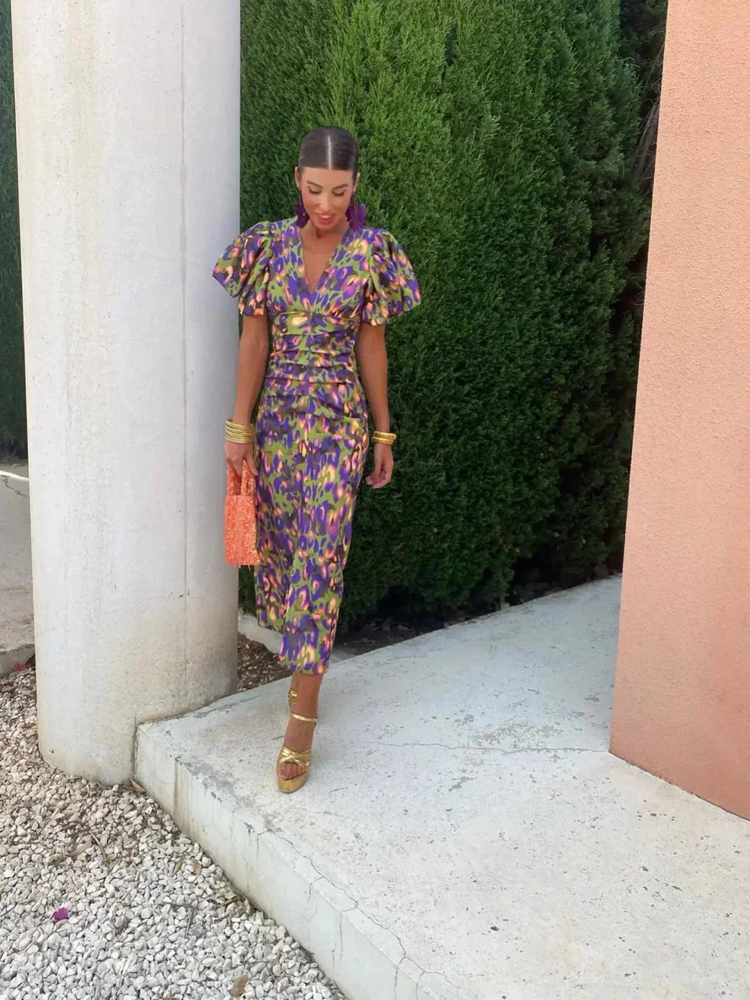 Erica | Women's Multicolor Puff Sleeves Printed Dress with V-neck