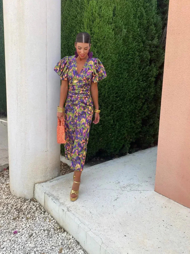 Erica | Women's Multicolor Puff Sleeves Printed Dress with V-neck