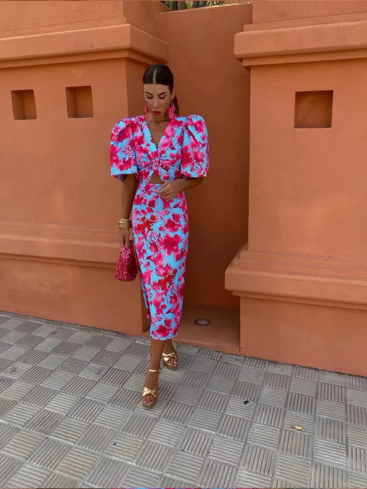 Erica | Women's Multicolor Puff Sleeves Printed Dress with V-neck