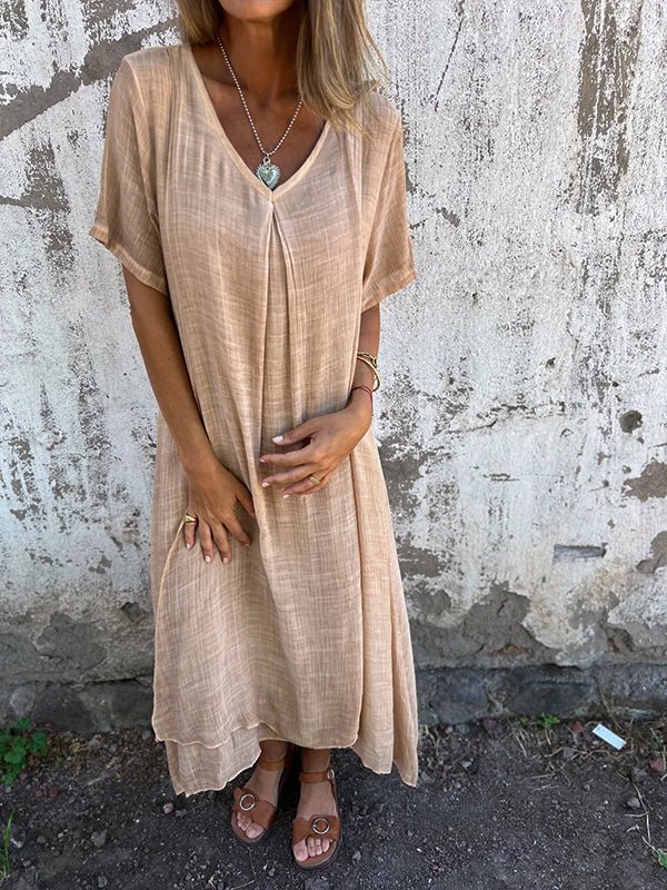 Everly | Women's Short Sleeves V Neck Linen Dress