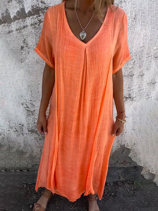 Everly | Women's Short Sleeves V Neck Linen Dress