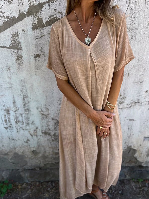 Everly | Women's Short Sleeves V Neck Linen Dress