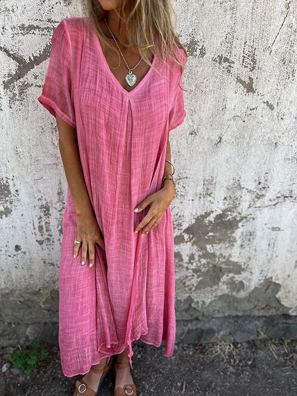 Everly | Women's Short Sleeves V Neck Linen Dress