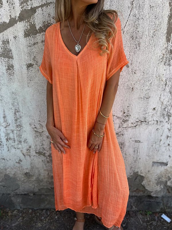 Everly | Women's Short Sleeves V Neck Linen Dress