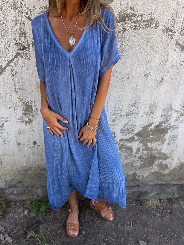Everly | Women's Short Sleeves V Neck Linen Dress