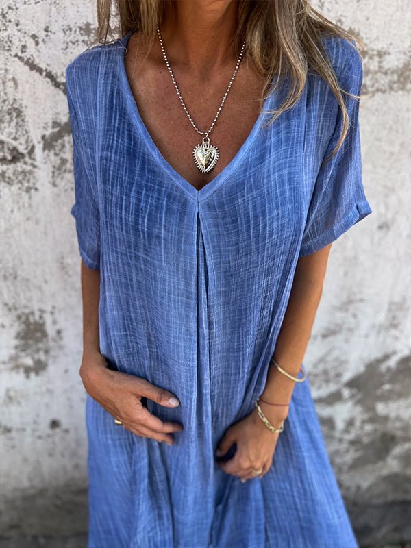Everly | Women's Short Sleeves V Neck Linen Dress