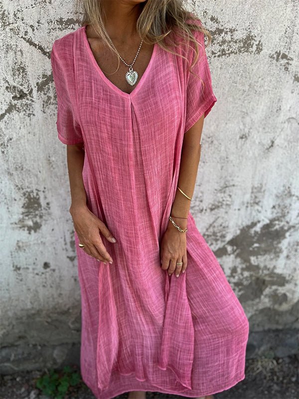 Everly | Women's Short Sleeves V Neck Linen Dress