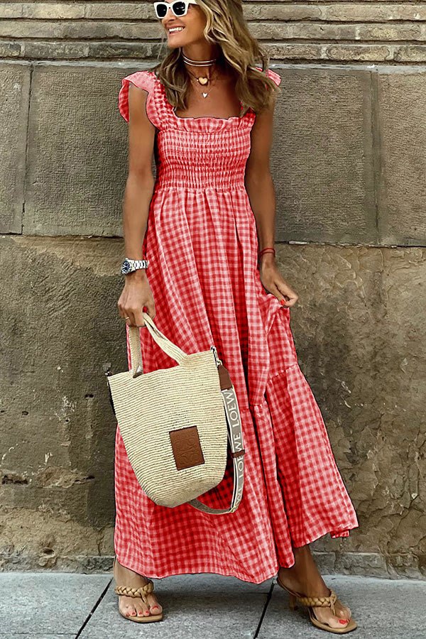 Kaia | Women's Square Neck Smocked Gingham Tiered Dress