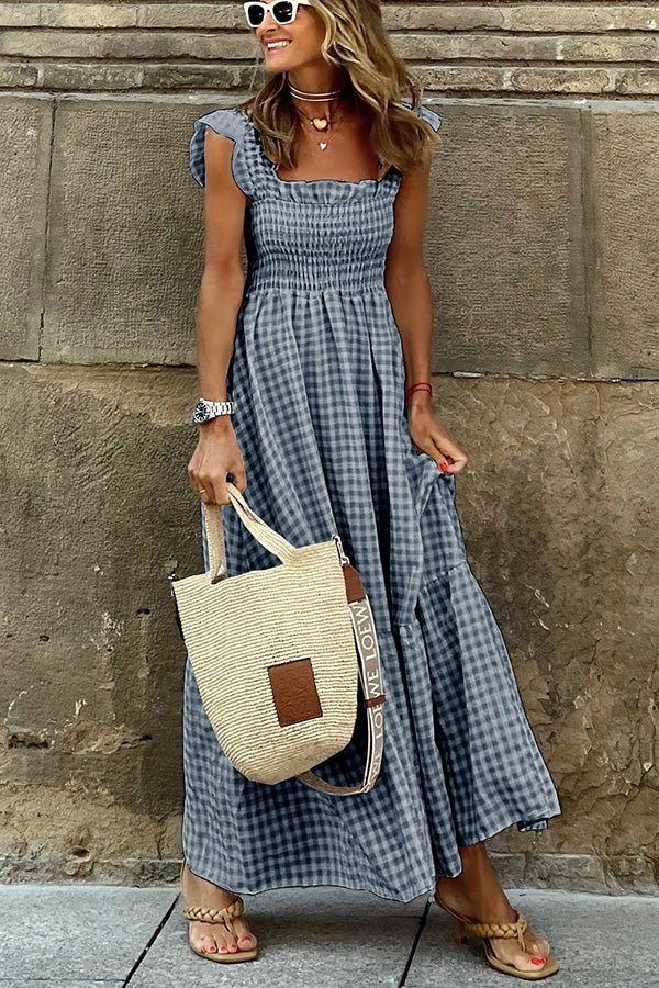 Kaia | Women's Square Neck Smocked Gingham Tiered Dress