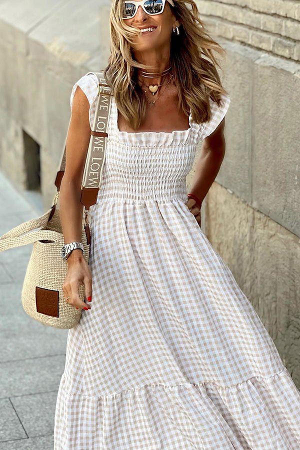 Kaia | Women's Square Neck Smocked Gingham Tiered Dress