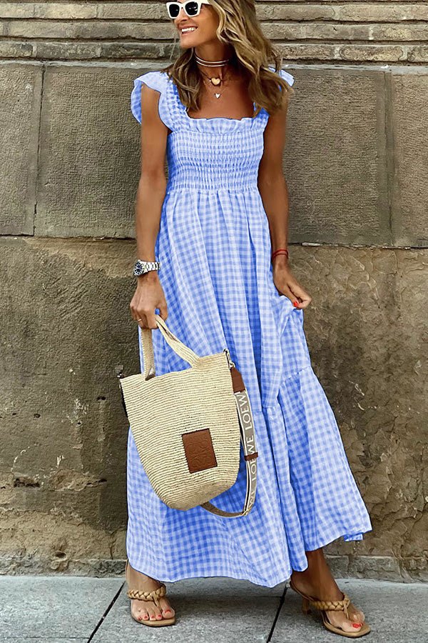 Kaia | Women's Square Neck Smocked Gingham Tiered Dress