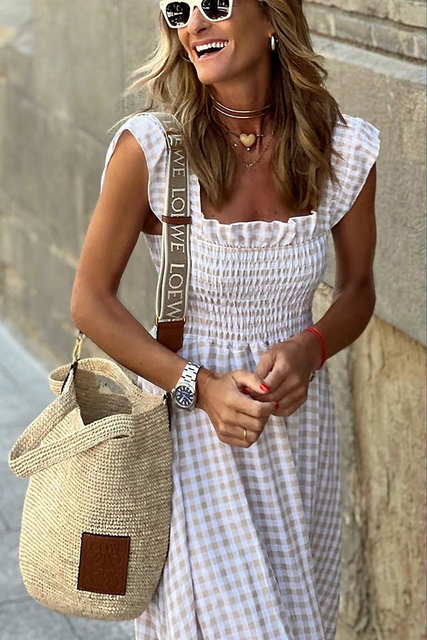 Kaia | Women's Square Neck Smocked Gingham Tiered Dress