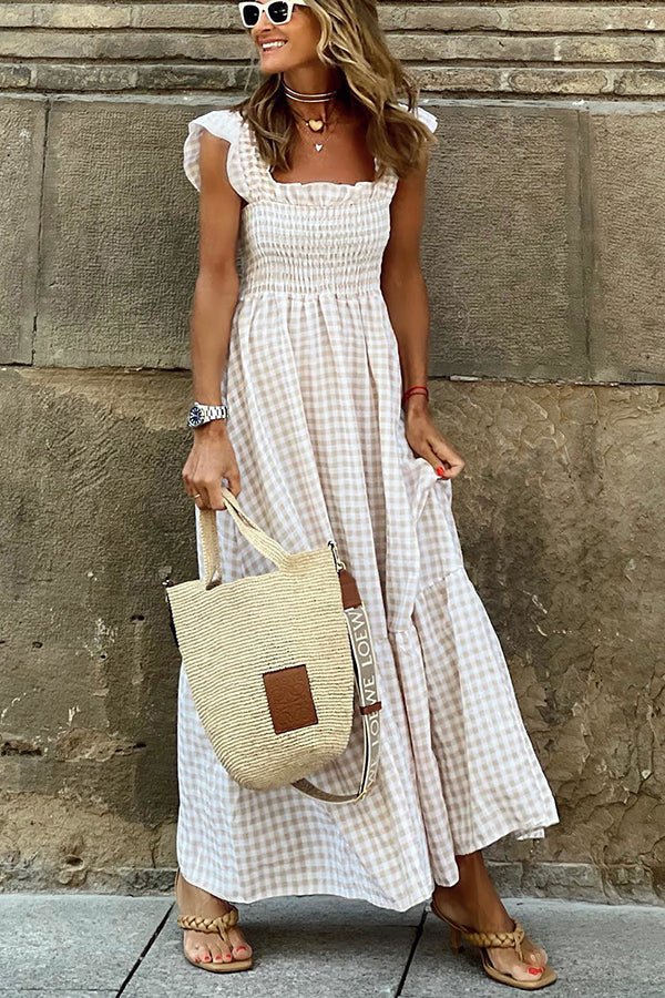 Kaia | Women's Square Neck Smocked Gingham Tiered Dress