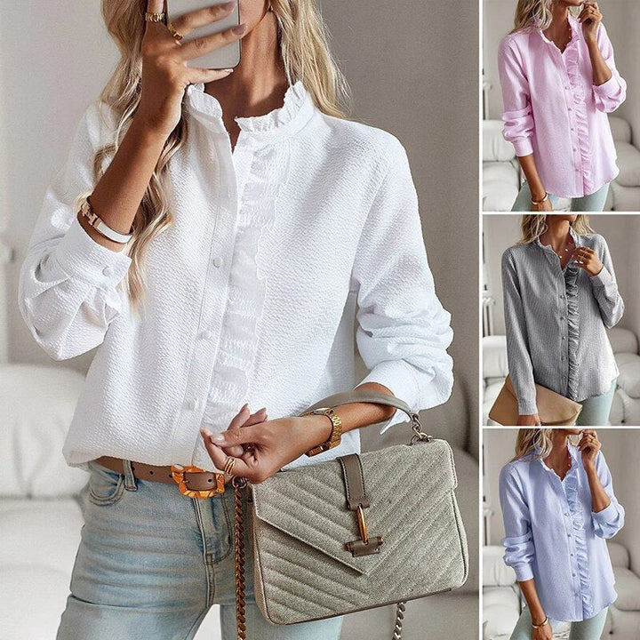 Charlotte | Women's V-Neck Ruffle Trim Striped Blouse