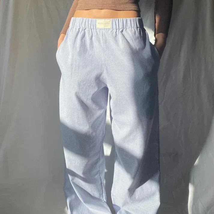 Peppa | Women's Striped Wide Leg Linen Pants with Elastic Waistband