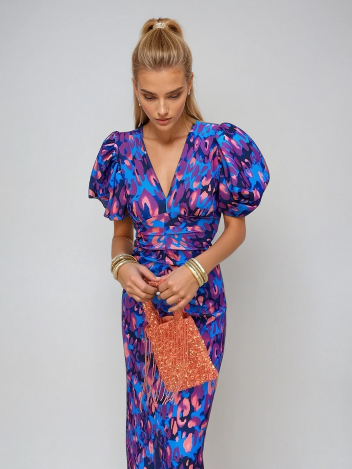 Erica | Women's Multicolor Puff Sleeves Printed Dress with V-neck
