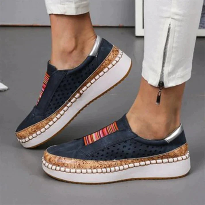 Thessia | Women's Perforated Slip On Casual Shoes with Front Stripes