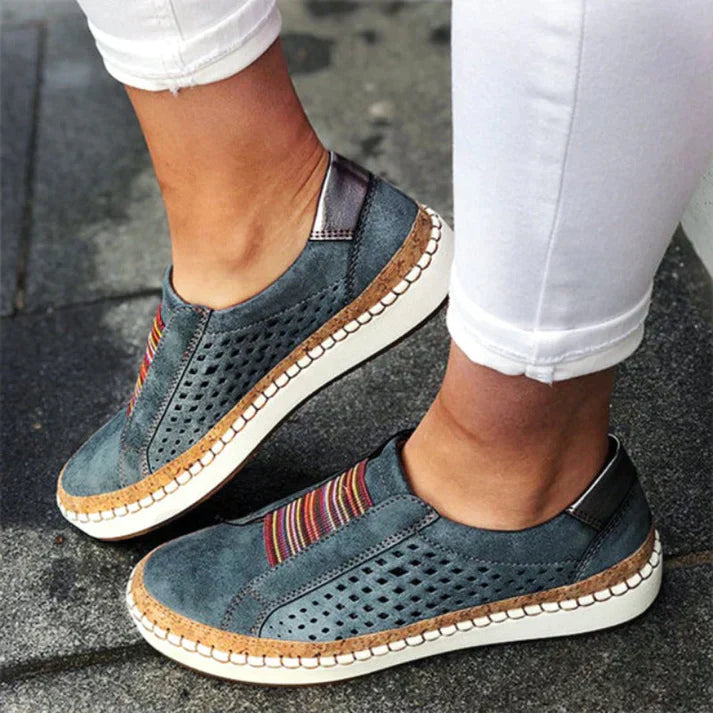 Thessia | Women's Perforated Slip On Casual Shoes with Front Stripes