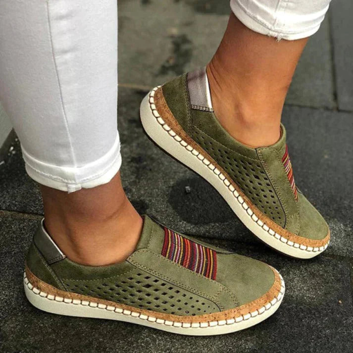 Thessia | Women's Perforated Slip On Casual Shoes with Front Stripes