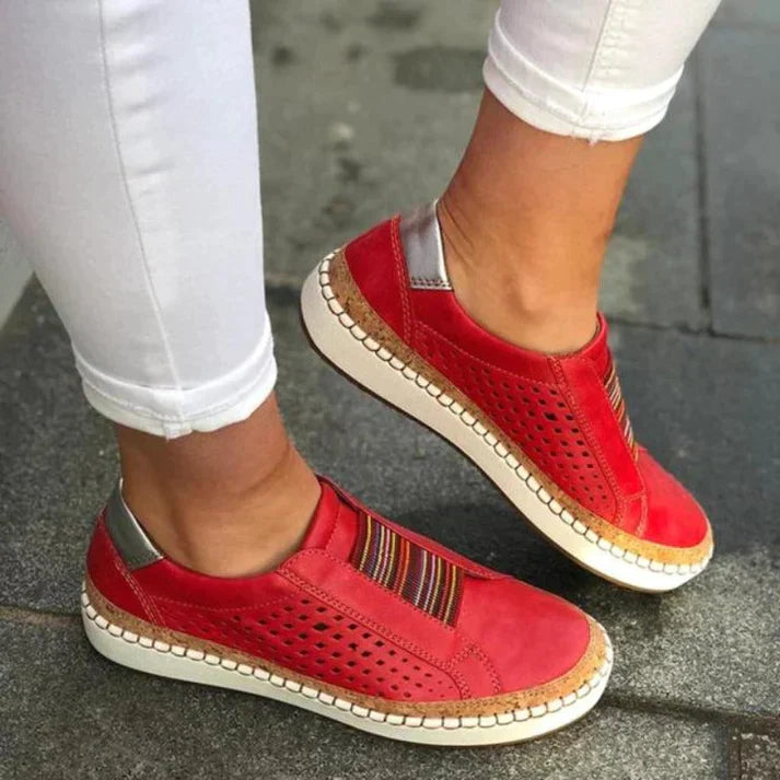 Thessia | Women's Perforated Slip On Casual Shoes with Front Stripes