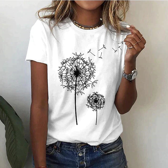 Maya | Women's Crew Neck Short Sleeve T-Shirt with Dandelion Print